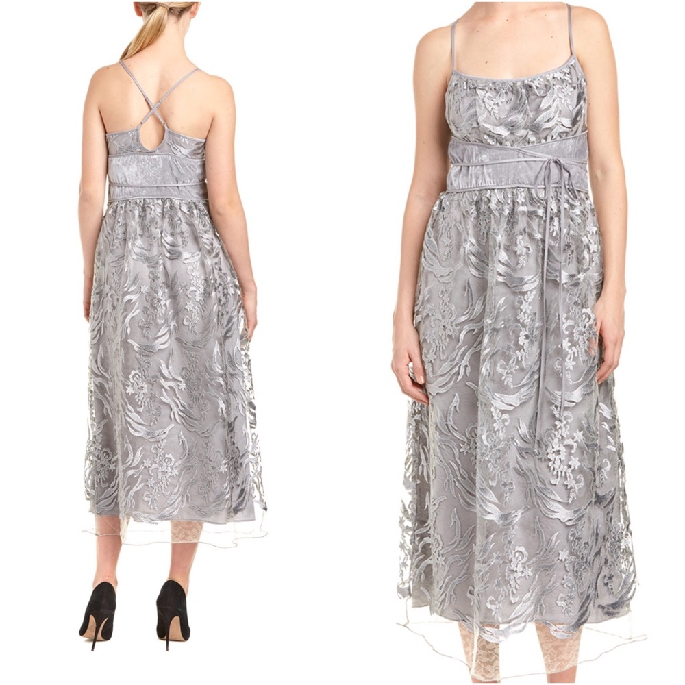 MaxStudio Silver Grey Lace Empire Waist Maxi Dress